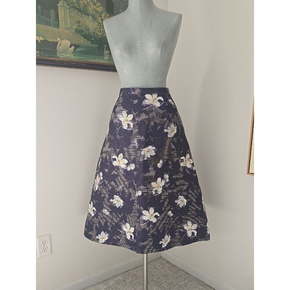Eva Franco | Navy Floral A-Line Skirt with White Blossoms